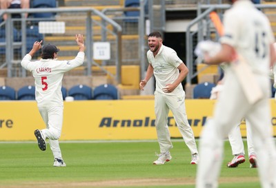 200626 - Glamorgan v Surrey, Rothesay County Championship Division 1- Tom Norton  of Glamorgan celebrates after taking the wicket of Ollie Pope of Surrey