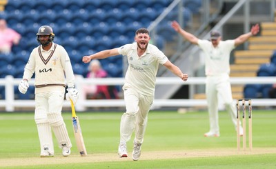 200626 - Glamorgan v Surrey, Rothesay County Championship Division 1- Tom Norton  of Glamorgan celebrates after taking the wicket of Dom Sibley of Surrey