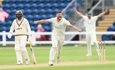 200626 - Glamorgan v Surrey, Rothesay County Championship Division 1- Tom Norton  of Glamorgan celebrates after taking the wicket of Dom Sibley of Surrey