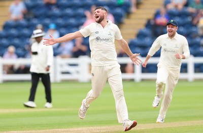 200626 - Glamorgan v Surrey, Rothesay County Championship Division 1- Tom Norton  of Glamorgan celebrates after taking the wicket of Dom Sibley of Surrey