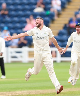 200626 - Glamorgan v Surrey, Rothesay County Championship Division 1- Tom Norton  of Glamorgan celebrates after taking the wicket of Dom Sibley of Surrey