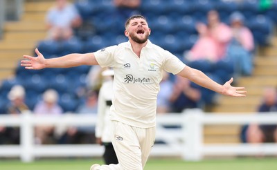 200626 - Glamorgan v Surrey, Rothesay County Championship Division 1- Tom Norton  of Glamorgan celebrates after taking the wicket of Dom Sibley of Surrey