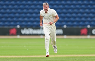 200626 - Glamorgan v Surrey, Rothesay County Championship Division 1- Timm van der Gugten of Glamorgan celebrates as he dismisses Ryan Patel of Surrey caught and bowled
