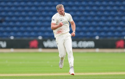 200626 - Glamorgan v Surrey, Rothesay County Championship Division 1- Timm van der Gugten of Glamorgan celebrates as he dismisses Ryan Patel of Surrey caught and bowled