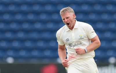 200626 - Glamorgan v Surrey, Rothesay County Championship Division 1- Timm van der Gugten of Glamorgan celebrates as he dismisses Ryan Patel of Surrey caught and bowled