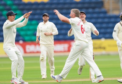 200626 - Glamorgan v Surrey, Rothesay County Championship Division 1- Timm van der Gugten of Glamorgan celebrates as he dismisses Ryan Patel of Surrey caught and bowled