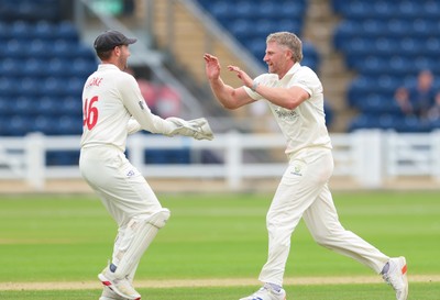200626 - Glamorgan v Surrey, Rothesay County Championship Division 1- Timm van der Gugten of Glamorgan celebrates as he dismisses Ryan Patel of Surrey caught and bowled