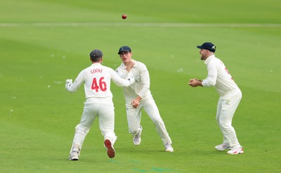 200626 - Glamorgan v Surrey, Rothesay County Championship Division 1- Asa Tribe of Glamorgan celebrates with Chris Cooke of Glamorgan as he catches Gus Atkinson of Surrey