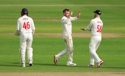 200626 - Glamorgan v Surrey, Rothesay County Championship Division 1- Mason Crane of Glamorgan celebrates after taking the wicket of Sean Abbott of Surrey