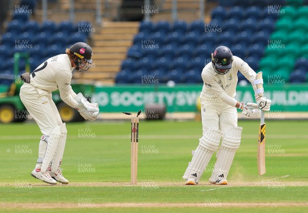 200626 - Glamorgan v Surrey, Rothesay County Championship Division 1- Mason Crane of Glamorgan is bowled by Dan Lawrence of Surrey for 106
