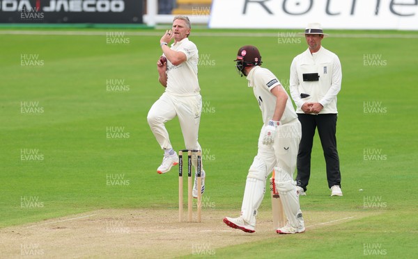 200626 - Glamorgan v Surrey, Rothesay County Championship Division 1- Ben Kellaway of Glamorgan celebrates with  Timm van der Gugten of Glamorgan after he runs out Rory Burns of Surrey