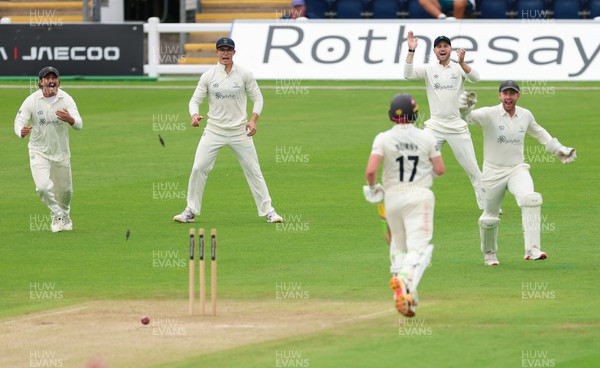 200626 - Glamorgan v Surrey, Rothesay County Championship Division 1- Glamorgan celebrate as Rory Burns of Surrey is run out by Ben Kellaway of Glamorgan