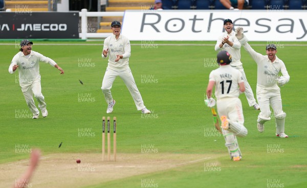 200626 - Glamorgan v Surrey, Rothesay County Championship Division 1- Glamorgan celebrate as Rory Burns of Surrey is run out by Ben Kellaway of Glamorgan