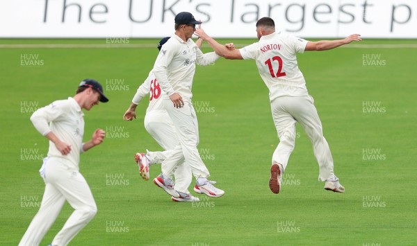 200626 - Glamorgan v Surrey, Rothesay County Championship Division 1- Tom Norton  of Glamorgan celebrates after taking the wicket of Sam Curran of Surrey