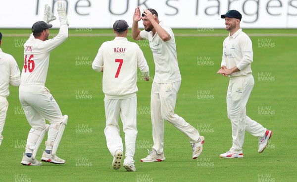 200626 - Glamorgan v Surrey, Rothesay County Championship Division 1- Tom Norton  of Glamorgan celebrates after taking the wicket of Sam Curran of Surrey