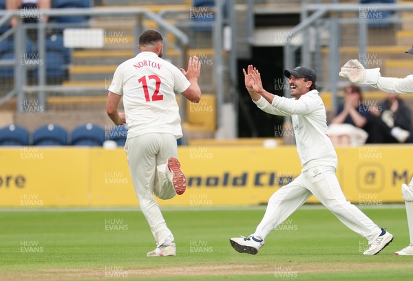 200626 - Glamorgan v Surrey, Rothesay County Championship Division 1- Tom Norton  of Glamorgan celebrates after taking the wicket of Ollie Pope of Surrey