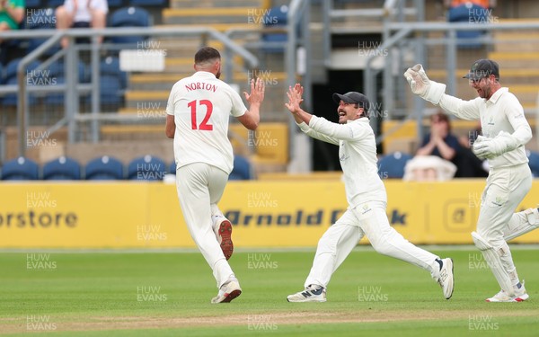 200626 - Glamorgan v Surrey, Rothesay County Championship Division 1- Tom Norton  of Glamorgan celebrates after taking the wicket of Ollie Pope of Surrey