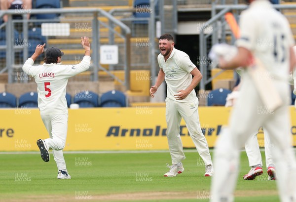 200626 - Glamorgan v Surrey, Rothesay County Championship Division 1- Tom Norton  of Glamorgan celebrates after taking the wicket of Ollie Pope of Surrey
