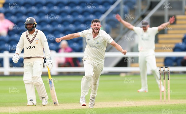 200626 - Glamorgan v Surrey, Rothesay County Championship Division 1- Tom Norton  of Glamorgan celebrates after taking the wicket of Dom Sibley of Surrey