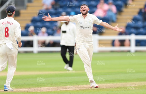 200626 - Glamorgan v Surrey, Rothesay County Championship Division 1- Tom Norton  of Glamorgan celebrates after taking the wicket of Dom Sibley of Surrey