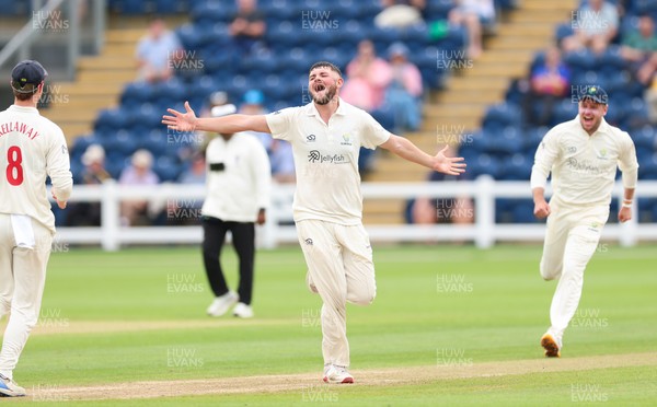 200626 - Glamorgan v Surrey, Rothesay County Championship Division 1- Tom Norton  of Glamorgan celebrates after taking the wicket of Dom Sibley of Surrey