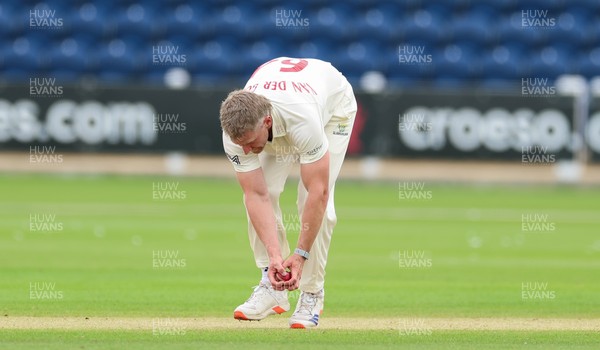 200626 - Glamorgan v Surrey, Rothesay County Championship Division 1- Timm van der Gugten of Glamorgan celebrates as he dismisses Ryan Patel of Surrey caught and bowled