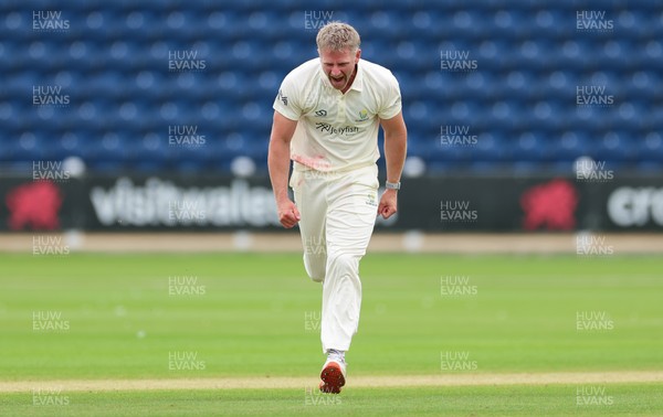 200626 - Glamorgan v Surrey, Rothesay County Championship Division 1- Timm van der Gugten of Glamorgan celebrates as he dismisses Ryan Patel of Surrey caught and bowled