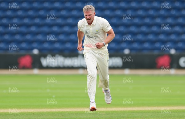 200626 - Glamorgan v Surrey, Rothesay County Championship Division 1- Timm van der Gugten of Glamorgan celebrates as he dismisses Ryan Patel of Surrey caught and bowled