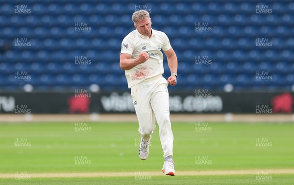 200626 - Glamorgan v Surrey, Rothesay County Championship Division 1- Timm van der Gugten of Glamorgan celebrates as he dismisses Ryan Patel of Surrey caught and bowled
