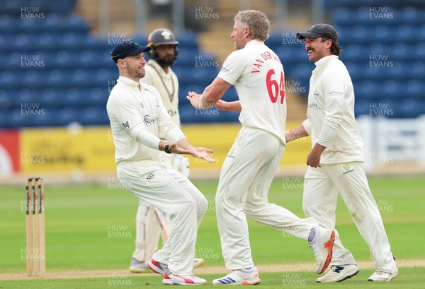 200626 - Glamorgan v Surrey, Rothesay County Championship Division 1- Timm van der Gugten of Glamorgan celebrates as he dismisses Ryan Patel of Surrey caught and bowled