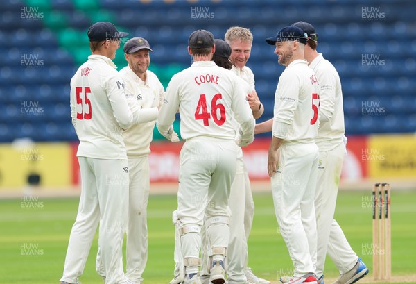 200626 - Glamorgan v Surrey, Rothesay County Championship Division 1- Timm van der Gugten of Glamorgan celebrates as he dismisses Ryan Patel of Surrey caught and bowled