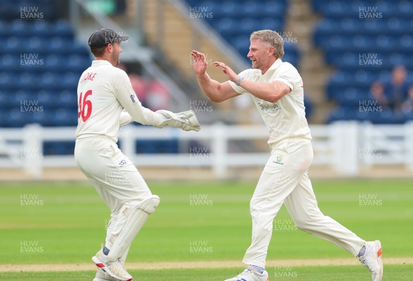 200626 - Glamorgan v Surrey, Rothesay County Championship Division 1- Timm van der Gugten of Glamorgan celebrates as he dismisses Ryan Patel of Surrey caught and bowled