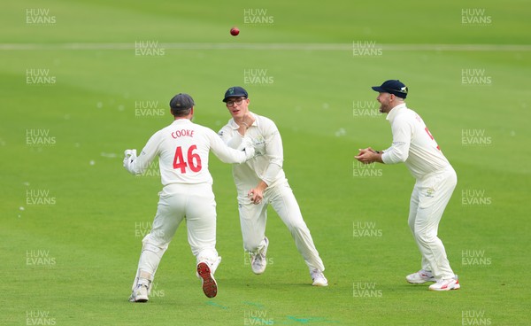 200626 - Glamorgan v Surrey, Rothesay County Championship Division 1- Asa Tribe of Glamorgan celebrates with Chris Cooke of Glamorgan as he catches Gus Atkinson of Surrey