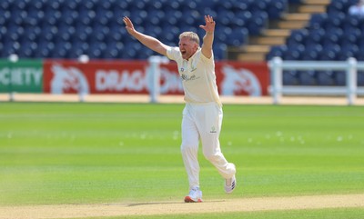 210626 - Glamorgan v Surrey, Rothesay County Championship Division 1- Timm van der Gugten of Glamorgan makes an appeal