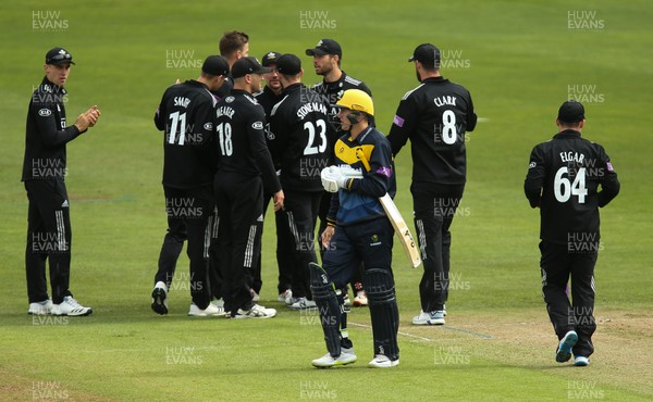 280419 - Glamorgan v Surrey, Royal London One Day Cup - Surrey players celebrate after taking the wicket of Marnus Labuschagne of Glamorgan lbw