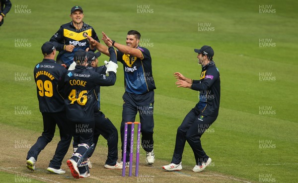 280419 - Glamorgan v Surrey, Royal London One Day Cup - Marchant de Lange of Glamorgan celebrates with team mates after taking the wicket of Dean Elgar of Surrey