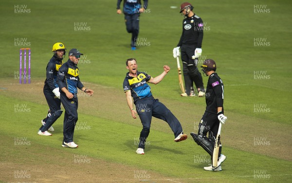280419 - Glamorgan v Surrey, Royal London One Day Cup - Graham Wagg of Glamorgan celebrates after taking the wicket of Jamie Smith of Surrey