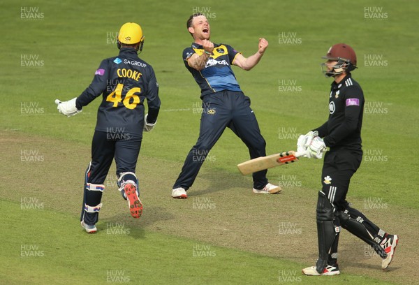 280419 - Glamorgan v Surrey, Royal London One Day Cup - Graham Wagg of Glamorgan celebrates after Ben Foakes of Surrey is caught by Marchant de Lange of Glamorgan