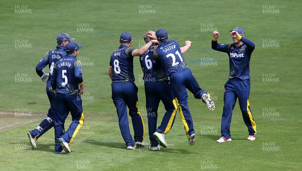010618 - Glamorgan v Sussex - Royal London One Day Cup - Timm Van Der Gugten of Glamorgan celebrates with team mates after Laurie Evans is caught by Davd Lloyd
