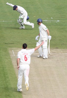 09.04.10 ... Glamorgan v Sussex, LV County Championship, SWALEC Stadium, Cardiff -  Sussex's Murray Goodwin in bowled out by Glamorgan's James Allenby 