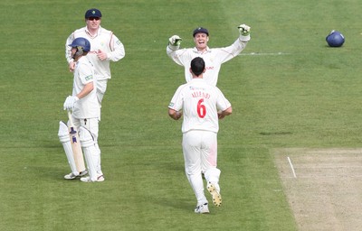 09.04.10 ... Glamorgan v Sussex, LV County Championship, SWALEC Stadium, Cardiff -  Glamorgans James Allenby celebrates with Mark Wallace after taking Murray Goodwin's wicket 