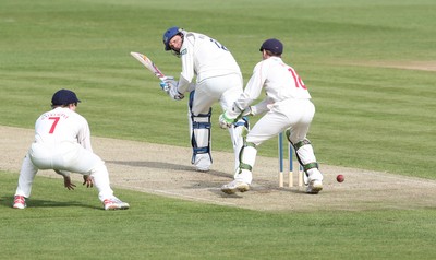 09.04.10 ... Glamorgan v Sussex, LV County Championship, SWALEC Stadium, Cardiff -  Sussex' s Robin Martin-Jenkis plays his shot past Glamorgans Mark Wallace and James Dalrymple 