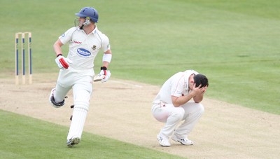 11.04.10 ... Glamorgan v Sussex, LV County Championship, SWALEC Stadium, Cardiff -  Glamorgan's James Allenby shows his disappointment as his appeal for Sussex's Michael Thornley 's wicket is not given 