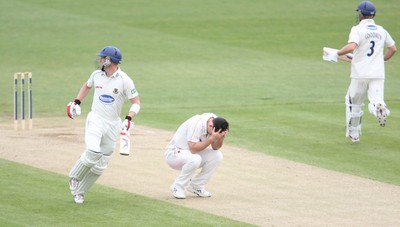 11.04.10 ... Glamorgan v Sussex, LV County Championship, SWALEC Stadium, Cardiff -  Glamorgan's James Allenby shows his disappointment as his appeal for Sussex's Michael Thornley 's wicket is not given 