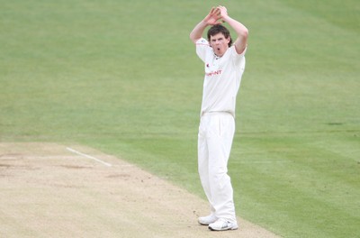 11.04.10 ... Glamorgan v Sussex, LV County Championship, SWALEC Stadium, Cardiff -  Glamorgan's James Harris shows how close he came to taking Sussex's Michael Thornley 's wicket  