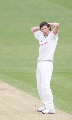 11.04.10 ... Glamorgan v Sussex, LV County Championship, SWALEC Stadium, Cardiff -  Glamorgan's James Harris shows how close he came to taking Sussex's Michael Thornley 's wicket  