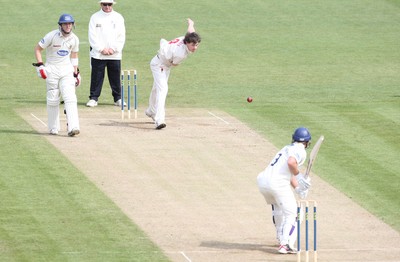 11.04.10 ... Glamorgan v Sussex, LV County Championship, SWALEC Stadium, Cardiff -  Glamorgan's James Harris bowls to Sussex's Murray Goodwin 