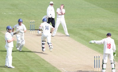 11.04.10 ... Glamorgan v Sussex, LV County Championship, SWALEC Stadium, Cardiff -  Glamorgan's Robert Croft ponders a missed opportunity for a Sussex wicket 