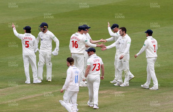 130622 - Glamorgan v Sussex - LV= County Championship - Division Two - Andrew Salter of Glamorgan celebrates after Jack Brooks is caught by Andrew Gorvin