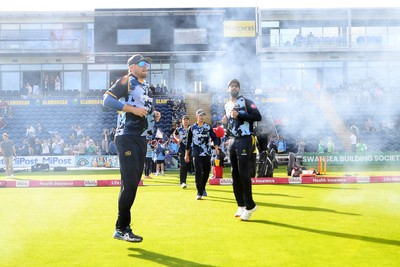 140625 - Glamorgan v Sussex - Vitality Blast - Dan Douthwaite of Glamorgan and Imad Wasim run out for the start of the match
